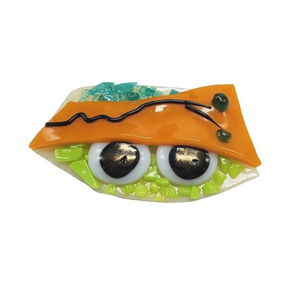 Fused Glass Art Brooch Pin Monster Big Eyes Sun Hat Blue Green Orange 2.5"x1.5" - Picture 1 of 8